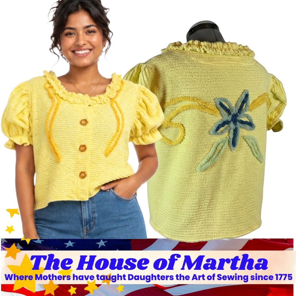Buttery Yellow Chenille XL Button Down Ruffle Neck Puff Sleeve Vintage Handmade